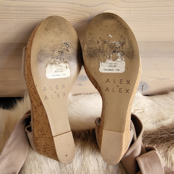 Alex+Alex Taupe Grey Suede Cork Wedge Sandals with Ankle Wrap Tie size 9 - Picture 11 of 16